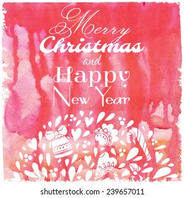 Congratulations Merry Christmas and a Happy New Year on watercolor background. Cloud with bows, cookies, ginger cookies, bells, hearts and berries.