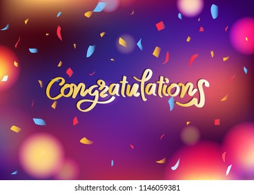 Congratulations message, celebration party blurry colorful abstract background decoration confetti falling scatter, greeting card and festival poster concept vector illustration