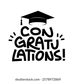 Congratulations message with graduation hat. Graduation day card design.