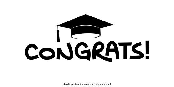 Congratulations message with graduation hat. Graduation day card design.