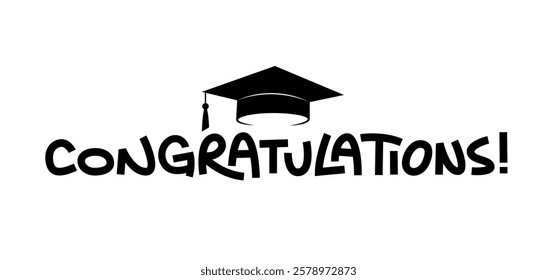 Congratulations message with graduation hat. Graduation day card design.