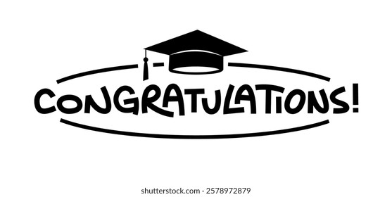 Congratulations message with graduation hat. Graduation day card design.