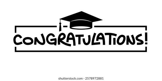 Congratulations message with graduation hat. Graduation day card design.