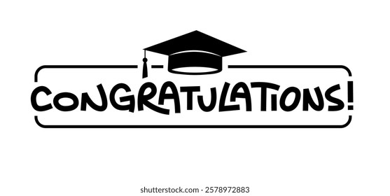 Congratulations message with graduation hat. Graduation day card design.