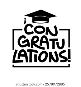 Congratulations message with graduation hat. Graduation day card design.