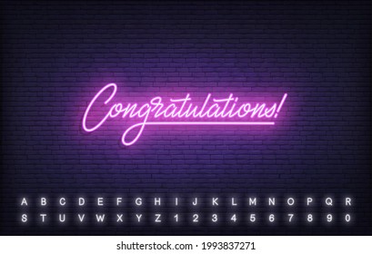 Congratulations neon template. Glowing neon lettering Congratulations sign