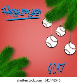 Congratulations to the New Year and baseball balls hanging on the Christmas tree branch. Vector illustration