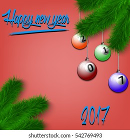 Congratulations to the New Year and billiard balls hanging on the Christmas tree branch. Vector illustration