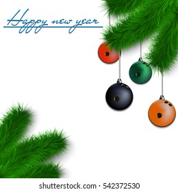 Congratulations to the New Year and bowling balls hanging on the Christmas tree branch on a white background. Vector illustration
