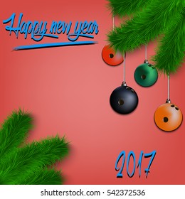 Congratulations to the New Year and bowling balls hanging on the Christmas tree branch. Vector illustration