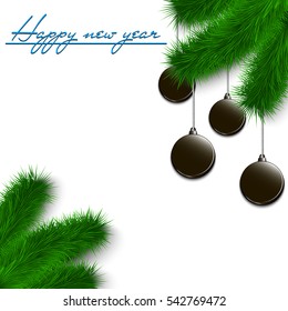 Congratulations to the New Year and hockey pucks hanging on the Christmas tree branch on a white background. Vector illustration
