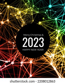 Congratulations on 2023. Vector illustration on a background of colored lines and dots. Big data connection. Happy new year