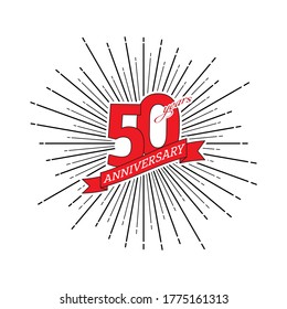 Congratulations on the 50 years anniversary. Editable vector illustration. The number 50 on the background of a salute with a congratulatory red ribbon