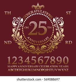 Congratulations on the anniversary sign kit. Golden numbers, alphabet, frame and some words for creating celebration emblems.