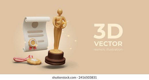 Congratulations on award. Announcement of winner. 3D golden statuette, certificate with seal, medal