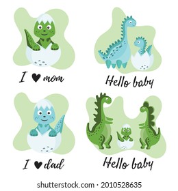 Congratulations on the birth of child for parents. The little dinosaur loves mom and dad. Hello baby. Newborn baby concept. Vector illustration for invitation, cards, decoration party. Dino for kids.