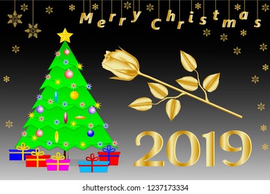 Congratulations on Christmas 2019 in English. Christmas tree with a golden five-pointed star, gifts and a golden rose. Designed for greeting cards, banners, calendar covers. Vector illustration.