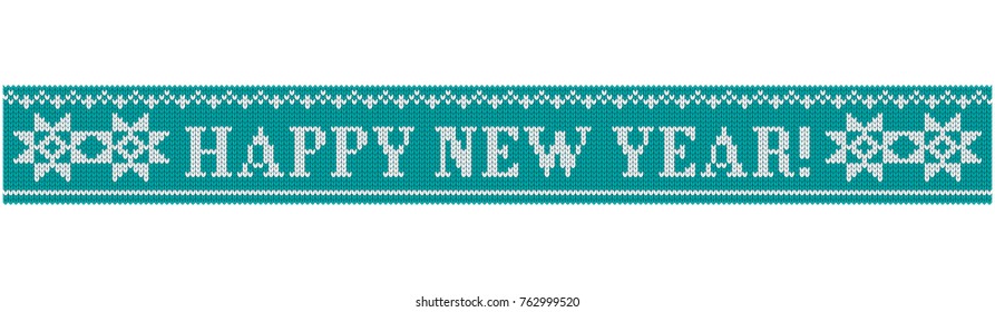 Congratulations on Christmas and New Year. Text on a blue background in the form of a ribbon with a knitted fabric texture. Flat vector cartoon illustration. Objects isolated on white background.