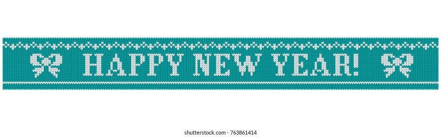 Congratulations on Christmas and New Year. Text on a blue background in the form of a ribbon with a knitted fabric texture. Flat vector cartoon illustration. Objects isolated on white background.
