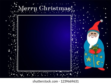 Congratulations on Christmas. Santa on a blue background with a gift, snow falls.