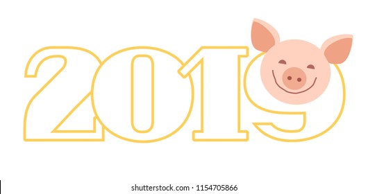 Congratulations on the coming New year. Year of pig. Color flat card. Outline figures 2019. The pig is smiling. 