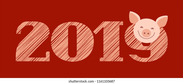 Congratulations on the coming New year. Year of pig. Color flat card. The pig is smiling. Figures 2019. Simulated pencil shading.