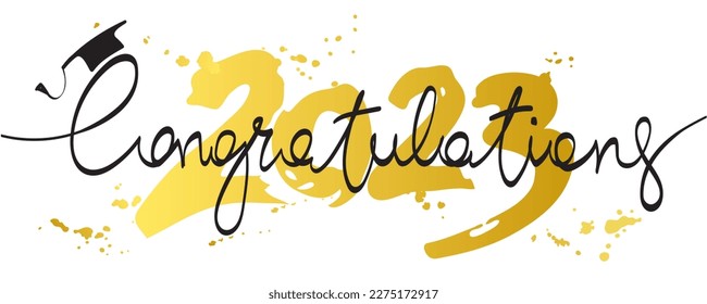 Congratulations on graduation 2023. Vector illustration, card, invitation with gold confetti and calligraphic title.	