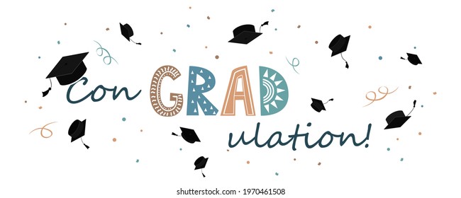 Congratulations on graduation banner, graduate cap with congradulation lettering in Scandinavian style. Greeting card for graduation party.