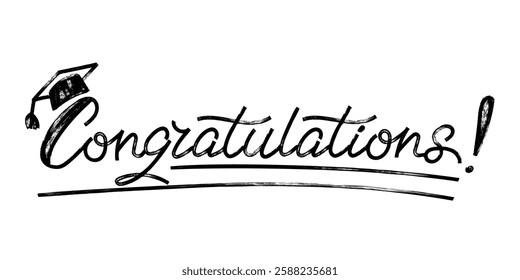 Congratulations on graduation brush drawn lettering. Hand drawn holiday marker line calligraphy, great for holiday greeting card and invitation of graduation party in university, school, academy. 