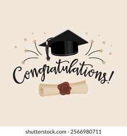 Congratulations on graduation design template, inscription with graduate's cap and certificate. Illustration, postcard.