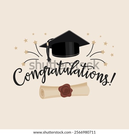 Congratulations on graduation design template, inscription with graduate's cap and certificate. Illustration, postcard.