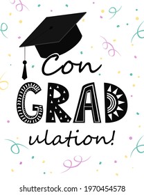 Congratulations on graduation, graduate cap with congradulation lettering in Scandinavian style. Greeting card for gradution party