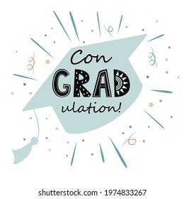 Congratulations on graduation, graduate cap with congradulation lettering in Scandinavian style. Greeting card for graduation party.