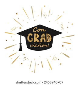 Congratulations on graduation, graduate cap with Congradulation lettering in retro gold firework frame. Greeting card design element for graduation party. Vector isolated illustration