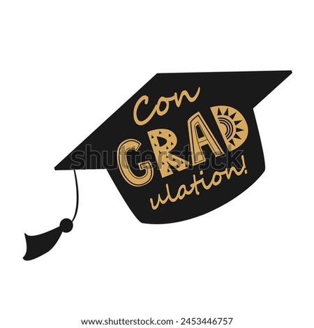 Congratulations on graduation, graduate cap with Congradulation lettering in Scandinavian style. Greeting card design element for graduation party.