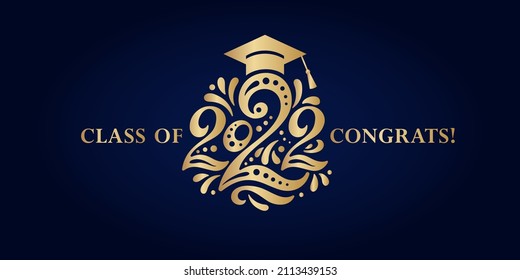 Congratulations On Graduation From School, College, Institute In 2022. Congratulations For Graduates For A Holiday, A Party, A Ball. Gold Numbers 2022, A Graduate's Hat And On A Blue Background.