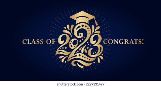 Congratulations on graduation from school, college, institute in 2023. Congratulations for graduates for a holiday, a party, a ball. Gold numbers 2023, a graduate's hat and on a blue background.