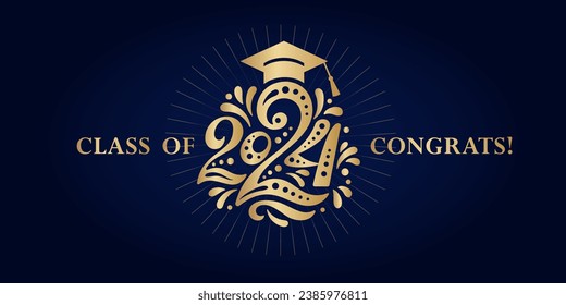 Congratulations on graduation from school, college, institute in 2024. Congratulations for graduates for a holiday, a party, a ball. Gold numbers 2024 year, a graduate's hat and on a blue background.