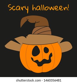 Congratulations on Halloween. Pumpkin with a scary face in a hat on a black background.