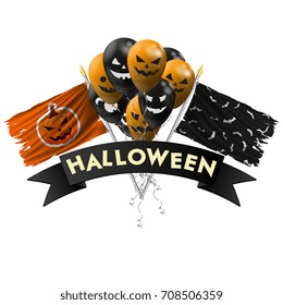 Congratulations on Happy Halloween. Balloons with evil smiles, flag with a pumpkin and black ribbon with the inscription Halloween. Vector illustration.