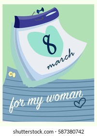 Congratulations on Happy International Women's Day. Banner design template, vector illustration.  Postcard with nice words. Tear-off calendar with the date of March 8.