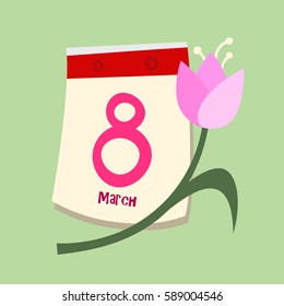 Congratulations on Happy International Women's Day.. Banner design template, vector illustration.  Postcard with nice words. Tear-off calendar with the date of March 8 and pink  tulip.