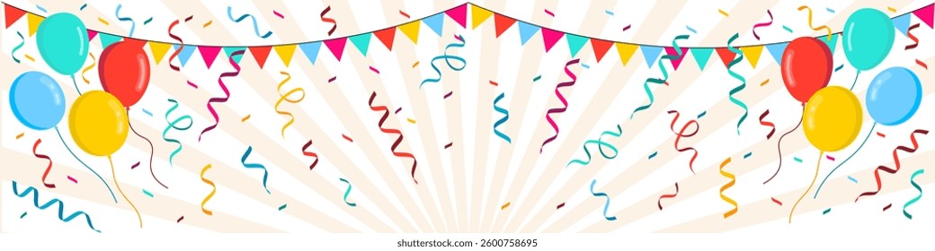 Congratulations on the holiday. Balloons, serpentine, hanging garlands. Birthday, carnival, festival, wedding.
Vector illustration.