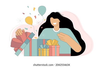 Congratulations on the holiday, good luck, birthday. A joyful woman opens a gift box and looks at the festive confetti thrown out of it. Vector flat illustration