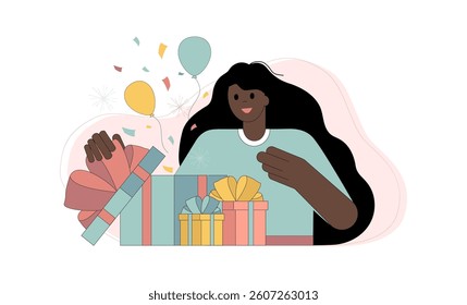 Congratulations on the holiday, good luck, birthday. A joyful woman opens a gift box and looks at the festive confetti thrown out of it