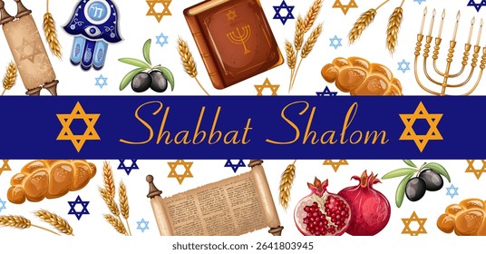 
Congratulations on the holiday of Shabbat Shalom. The illustration is drawn by hand. Handmade. Vector