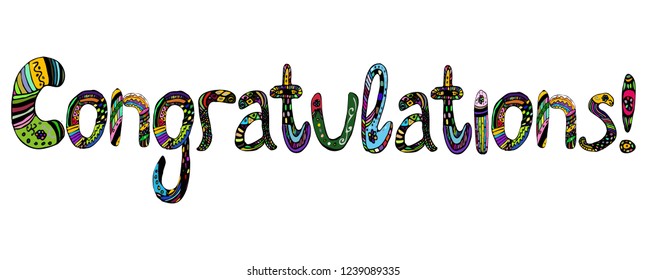 Congratulations on the inscription in multicolored letters lettering doodle. Vector illustration on isolated background.