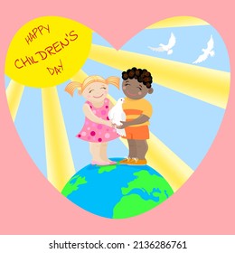 Congratulations on the International Children's Day with a happy boy and girl on a globe under the sun
