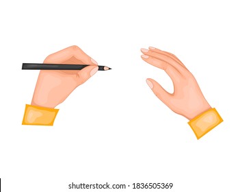 Felicitaciones por el día internacional de la izquierda. Ilustración de dos manos. En la mano izquierda, una pluma o un lápiz. Vector aislado sobre fondo blanco