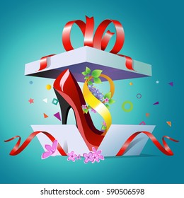 Congratulations on International Women s Day. Open gift box for the holiday March 8